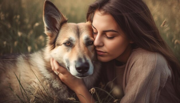 Eine Frau, die einen süßen Welpen in der Natur umarmt, der von KI generiert wird