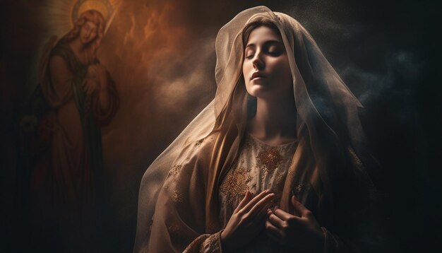 Eine Frau, die in der von der KI erzeugten Dunkelheit zu Gott betet