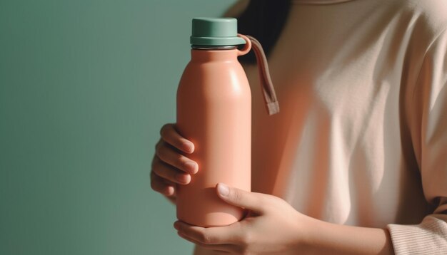 Eine Frau hält eine rosa Flasche Wasser.