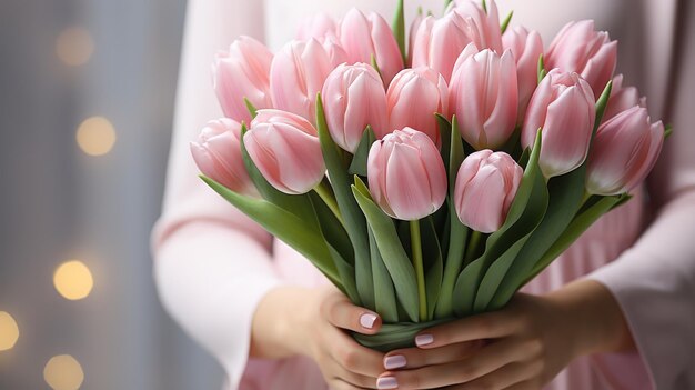 Eine Frau hält einen Haufen rosa Tulpen vor einem weißen Hintergrund