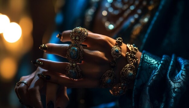 Eine Frau hält ihre Hand mit Goldschmuck und den Worten „Blau“ auf der linken Hand.