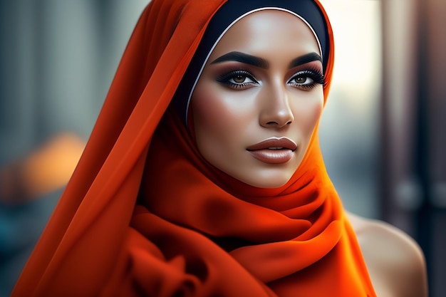 Eine Frau in einem roten Hijab mit einem roten Schal