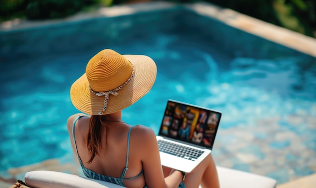 Eine Frau in mittlerer Aufnahme arbeitet am Pool