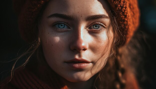 Eine Frau mit blauen Augen und einem roten Hut schaut in die Kamera.