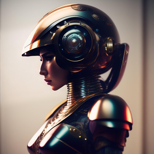 Eine Frau mit einem Roboterhelm und einem Helm, auf dem Roboter steht.