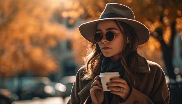 Eine Frau mit Hut und Sonnenbrille hält eine Tasse Kaffee vor einem Baum.