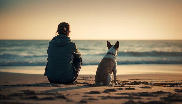 Eine Frau und ein Hund sitzen am Strand und schauen aufs Meer.