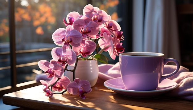 Eine frische rosa Blüte schmückt einen hölzernen Tisch im Innenraum, der durch künstliche Intelligenz erzeugt wurde