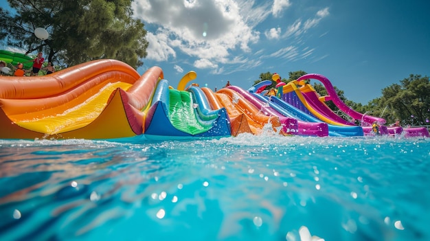 Kostenloses Foto eine fröhliche kinder-poolparty mit bunten hüpfburgen