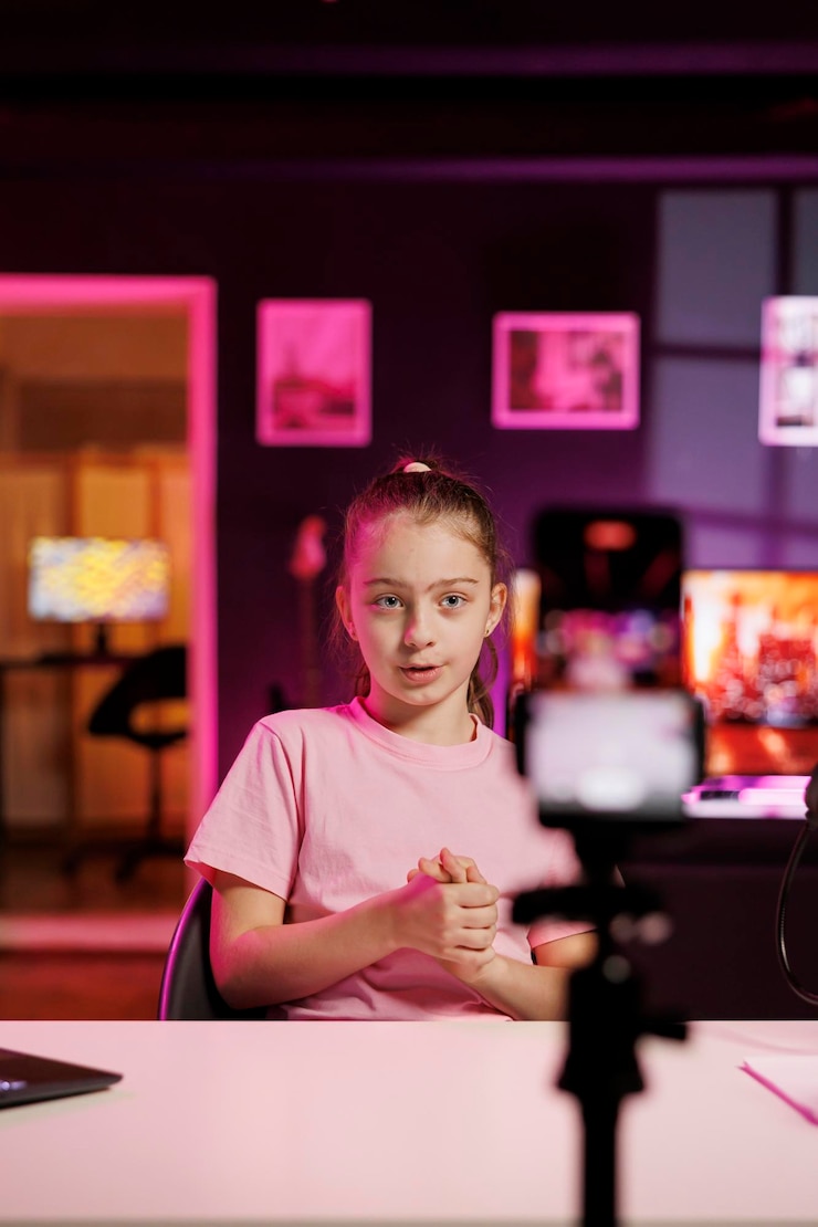 Kostenlose Foto eine glückliche online-streamer-kind benutzt videoproduktionsgeräte, um eine live-übertragung für ihr publikum zu machen