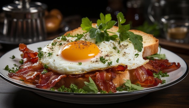 Eine Gourmet-Mahlzeit mit gegrilltem Schweinefleisch, gebratenen Eiern und frischem Salat, erzeugt durch künstliche Intelligenz