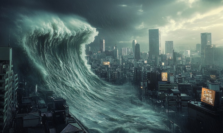Kostenlose Foto eine große tsunamiwelle stürzt in eine stadt