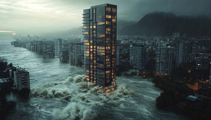 Kostenlose Foto eine große tsunamiwelle stürzt in eine stadt