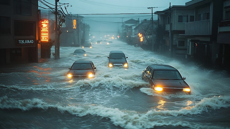 Kostenlose Foto eine große tsunamiwelle stürzt in eine stadt