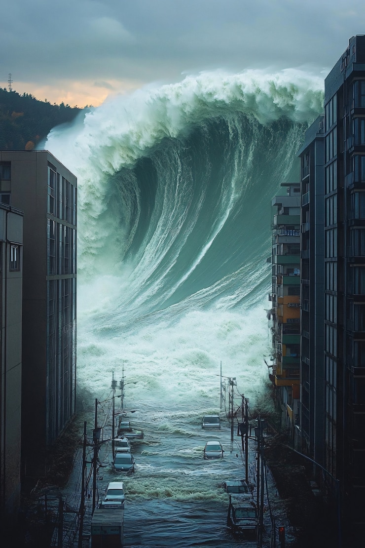 Kostenlose Foto eine große tsunamiwelle stürzt in eine stadt
