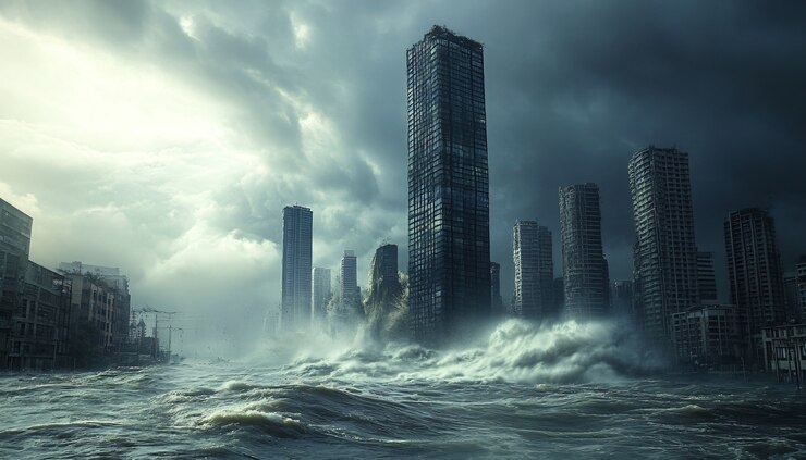 Kostenlose Foto eine große tsunamiwelle stürzt in eine stadt