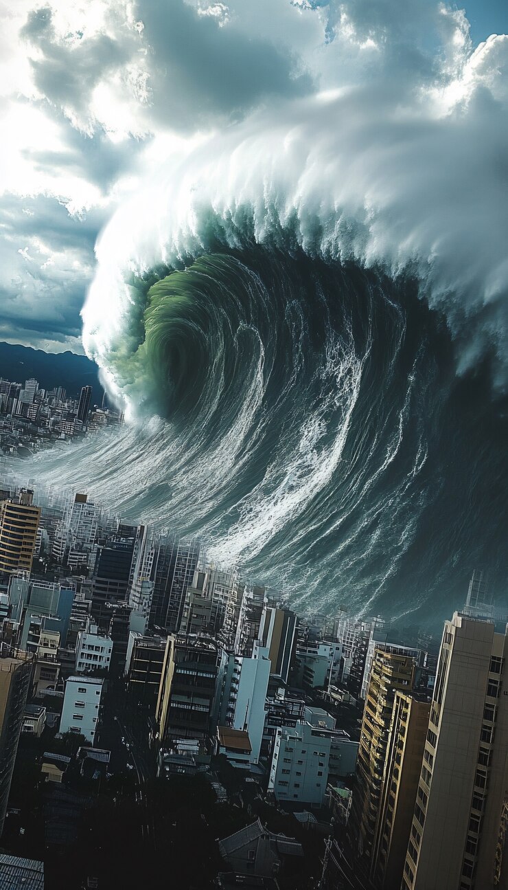 Kostenlose Foto eine große tsunamiwelle stürzt in eine stadt