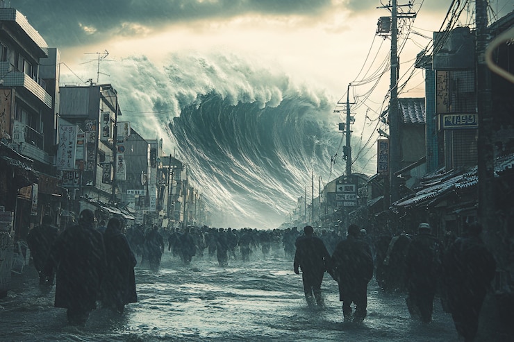 Kostenlose Foto eine große tsunamiwelle stürzt in eine stadt
