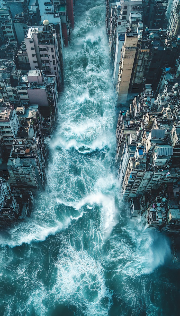 Kostenlose Foto eine große tsunamiwelle stürzt in eine stadt