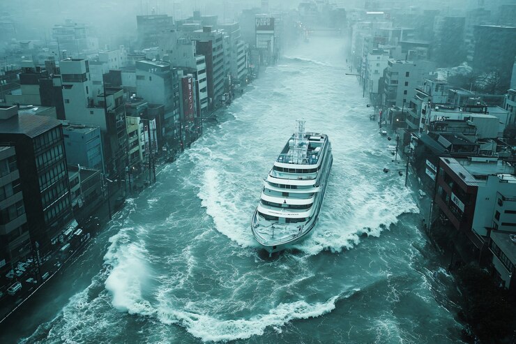 Kostenlose Foto eine große tsunamiwelle stürzt in eine stadt