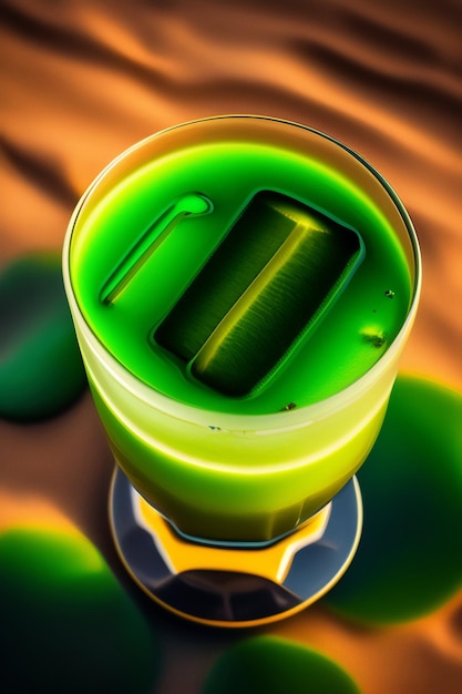 Eine grüne Flüssigkeit sitzt in einem Glas auf einem Untersetzer mit einem schwarzen Untersetzer darunter.