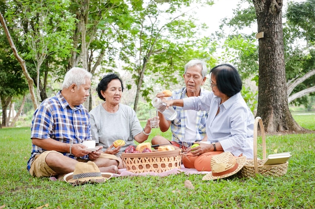 Eine gruppe asiatischer ältester sitzt, entspannt und bereitet snacks zum essen im schattigen garten vor. beobachte sie glücklich. konzepte der seniorengemeinschaft. picknick im park