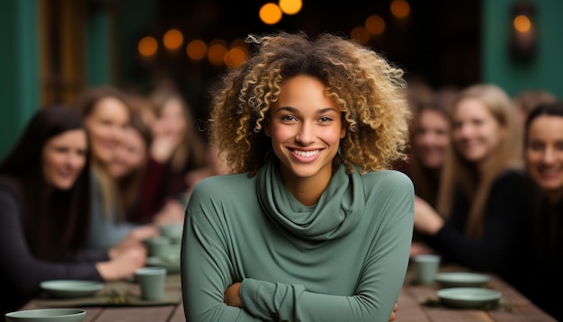 Eine Gruppe fröhlicher junger Erwachsener genießt Kaffee und Freundschaft, die durch künstliche Intelligenz erzeugt wird