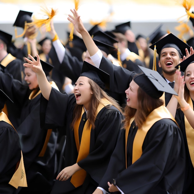 Kostenloses Foto eine gruppe glücklicher studenten in abschlusskleidern und mützen feiert den erfolg