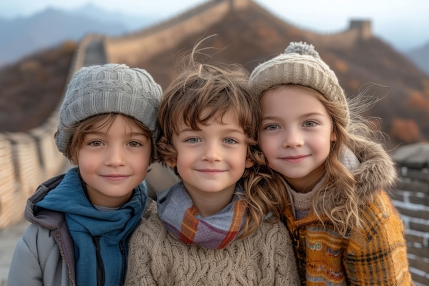 Kostenloses Foto eine gruppe junger freunde besucht die chinesische mauer