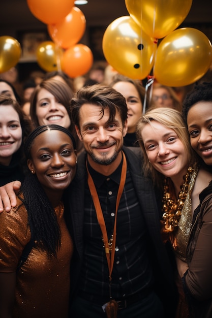 Kostenloses Foto eine gruppe von freunden feiert silvester mit luftballons