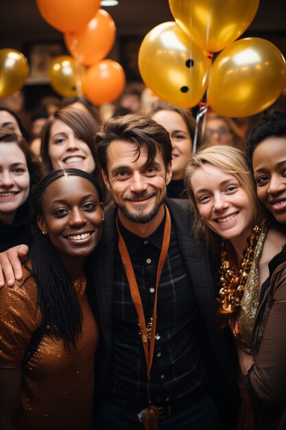 Eine Gruppe von Freunden feiert Silvester mit Luftballons