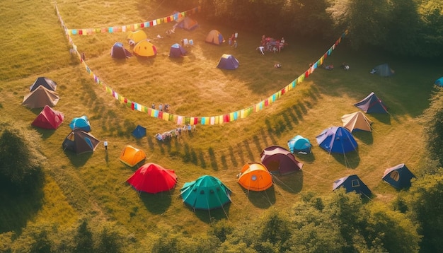 Kostenloses Foto eine gruppe von menschen genießt ein von ki erzeugtes lagerfeuer auf einer wiese