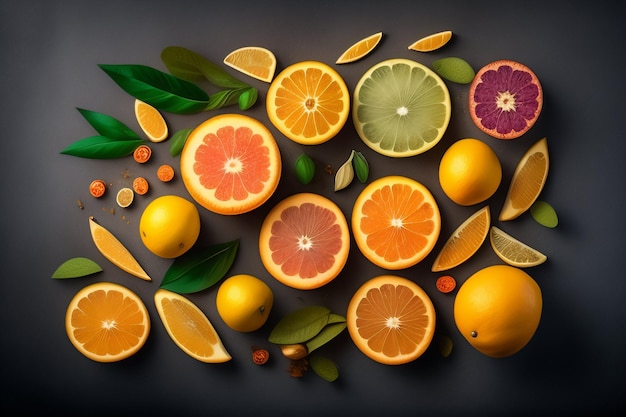 Eine Gruppe von Zitrusfrüchten, darunter Orangen, Zitronen und andere Früchte