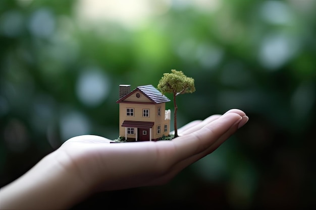 Kostenloses Foto eine hand, die ein kleines haus mit einem baum auf der spitze hält