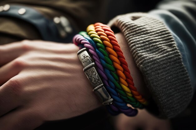 Eine Hand mit einem Regenbogen-LGBT-Stolzarmband