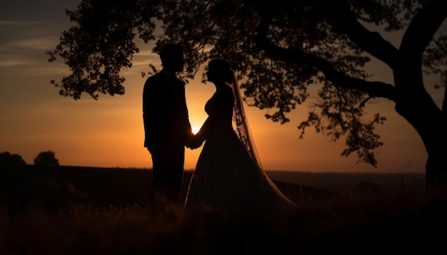 Kostenloses Foto eine hochzeit bei sonnenuntergang, zwei herzen werden zu einem, das von der ki generiert wird