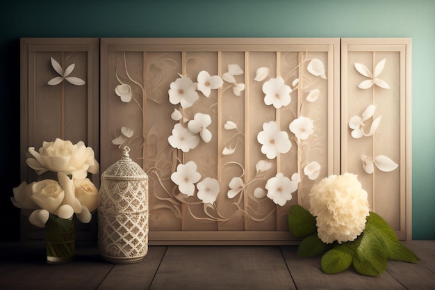 Eine Holzwand mit Blumen und eine Vase mit weißen Blumen.