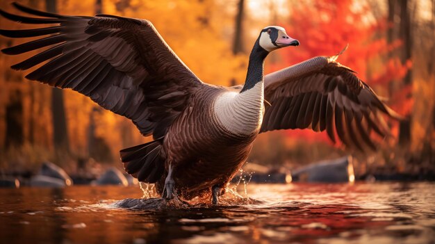 Kostenloses Foto eine kanadische gans fliegt durch einen herbstwald