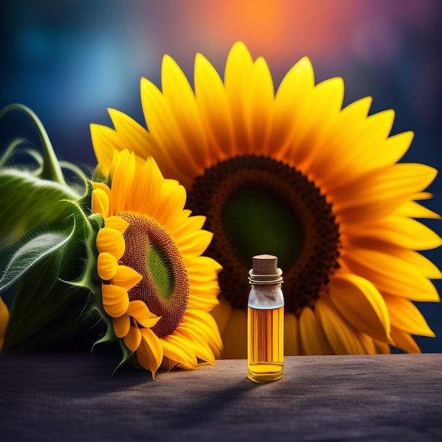 Kostenloses Foto eine kleine flasche ätherisches öl neben zwei sonnenblumen.