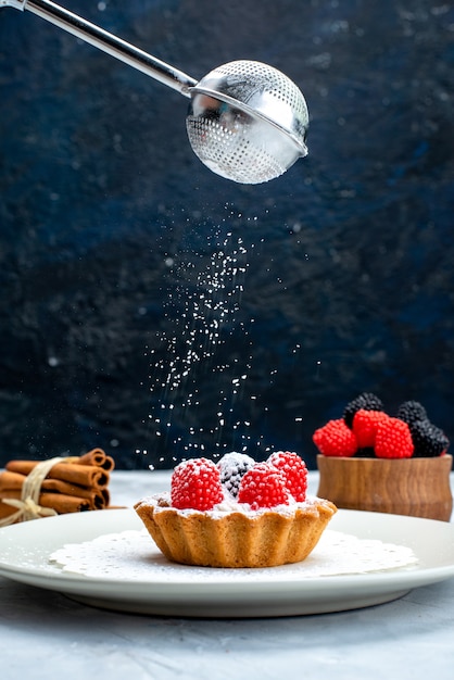 Kostenloses Foto eine kleine köstliche torte der vorderansicht mit sahne und früchten innerhalb der weißen platte zusammen mit frischen früchten, die zuckerpulver auf dem grau-blauen schreibtischfruchtkuchen erhalten