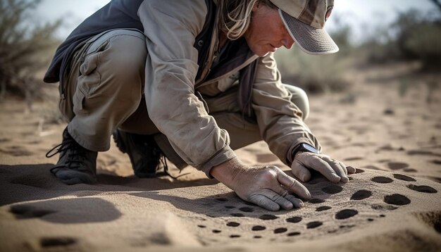 Kostenloses Foto eine kniende person genießt das abenteuerliche sandspiel, das von der ki generiert wird