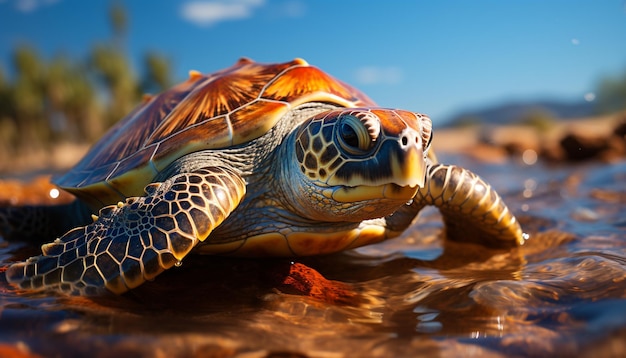 Eine langsame, niedliche Schildkröte, die in der Unterwasserschönheit schwimmt, die durch künstliche Intelligenz erzeugt wird