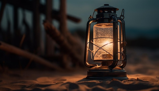 Eine Laterne am Strand bei Nacht mit eingeschaltetem Licht.