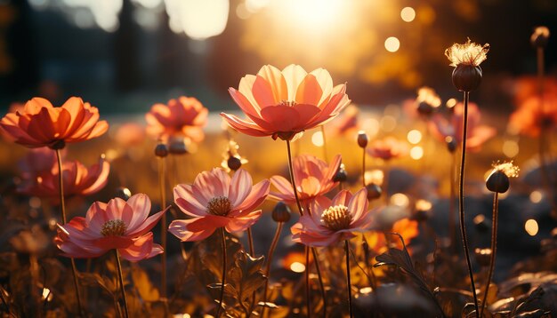 Kostenloses Foto eine lebendige wiese mit mehrfarbigen blumen im sommersonnenuntergang, die durch künstliche intelligenz erzeugt wurde