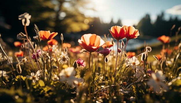 Kostenloses Foto eine lebendige wiese mit wildblumen unter dem sommersonnenuntergang, die durch künstliche intelligenz erzeugt wurde