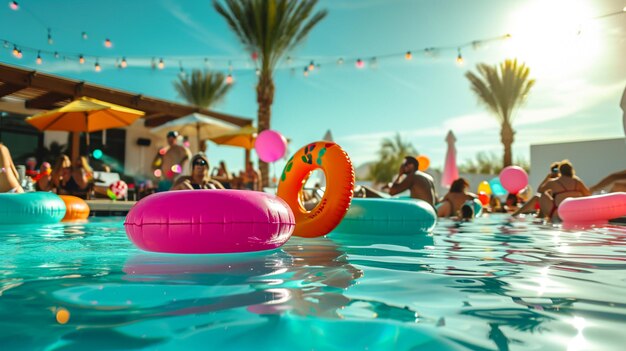 Eine lebhafte Poolparty-Szene mit lebhaften Schlauchbooten, fröhlicher Musik und Gästen, die die Sonne genießen