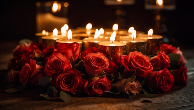 Eine leuchtende Kerze beleuchtet die von der KI generierte Romantik und Liebesfeier