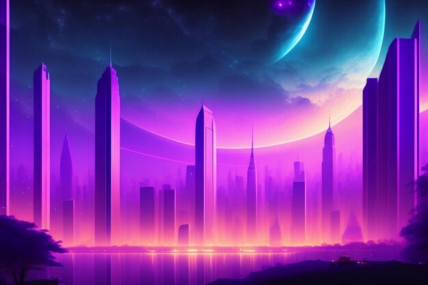 Eine lila Stadt mit einem Planeten im Hintergrund
