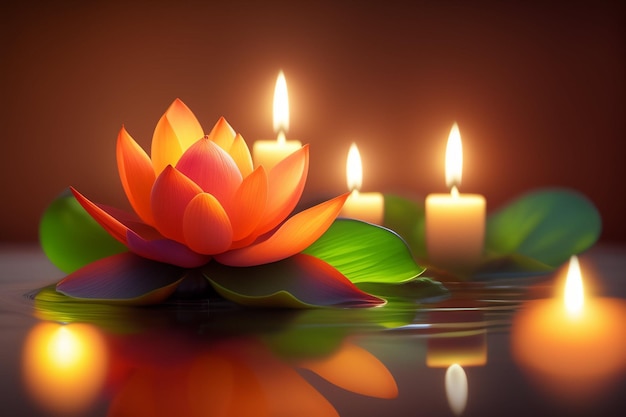 Eine Lotusblume, umgeben von Kerzen