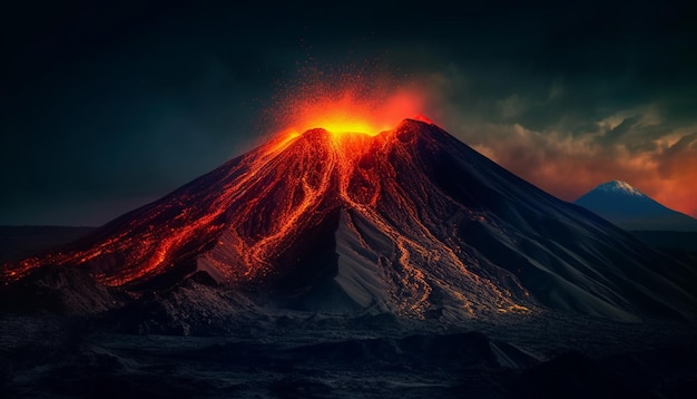 Eine majestätische Bergkette bricht in einem atemberaubenden Sonnenuntergang aus, der von KI erzeugt wird